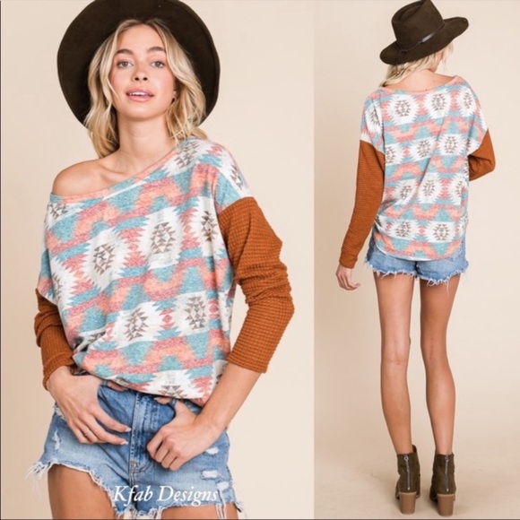 (56)🧡LAST1️⃣🧡New Adorable Color Block Aztec Print Relaxed Fit Thermal Top - Picture 7 of 9